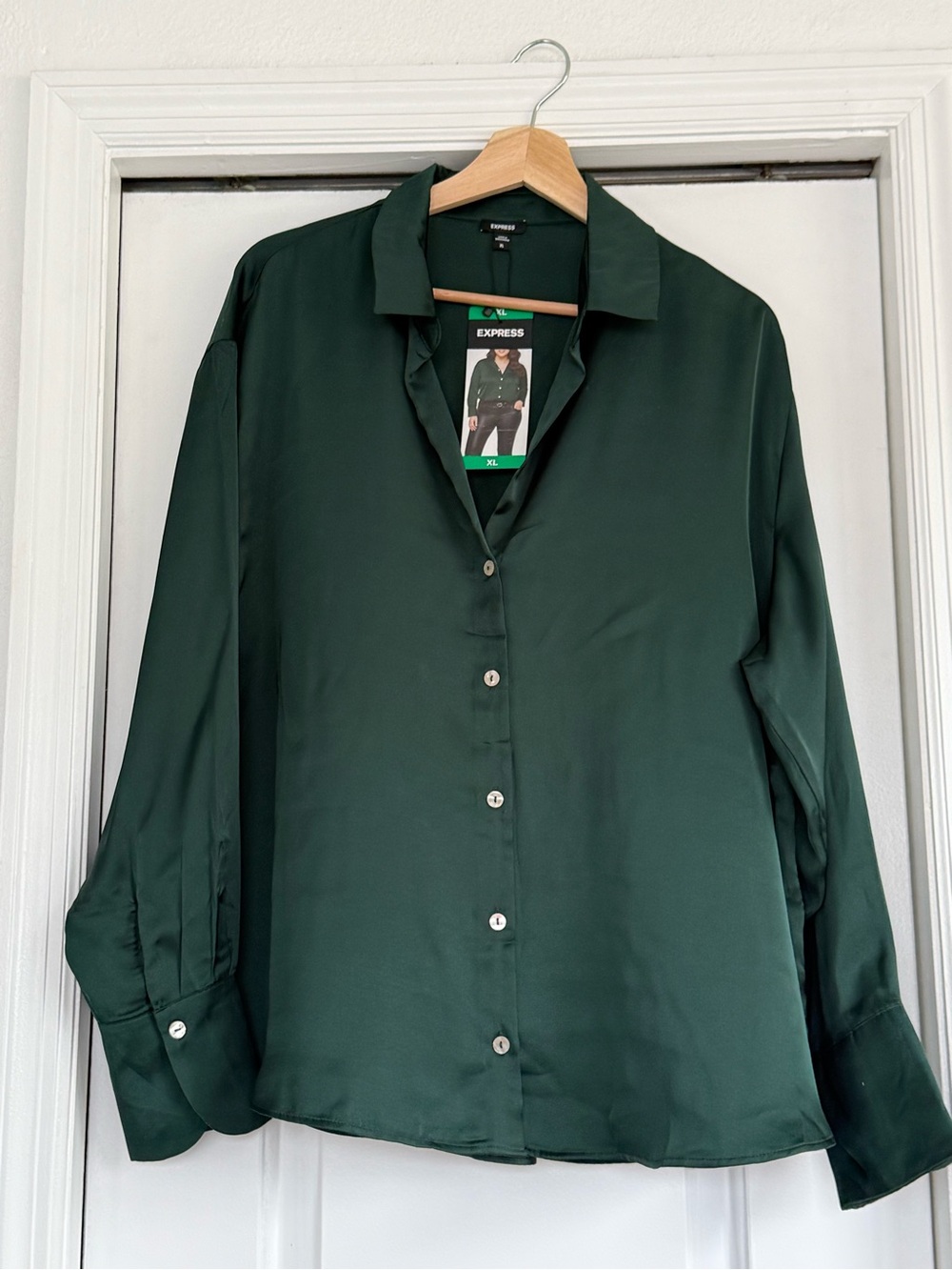 Express Women's Dark Green Satin Button-Up Blouse - Picture 2 of 12